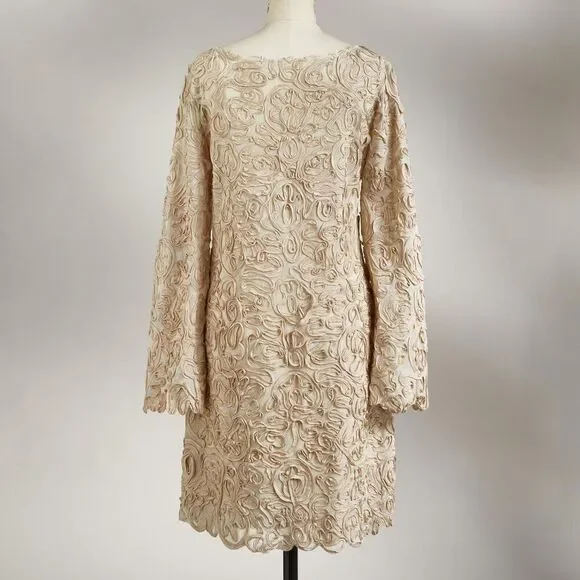 Sundance Soutache Dress Tan Cream Size XS Petite Lace Ribbon Wedding Guest Party - Picture 2 of 16